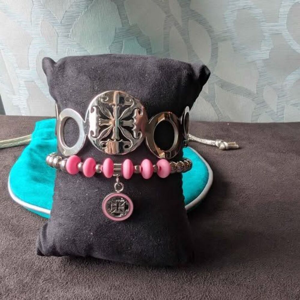 Rustic Cuff 2-Piece Set - Silver Statement Medallion Link Cuff & Pink Beaded Cha